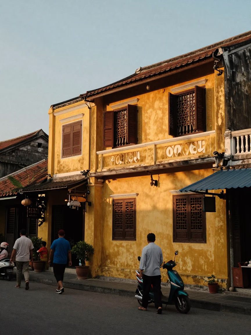 Hoi An Vietnam Evening Street Scene with Yellow Facades and Local Commerce in in Hoi An, Vietnam