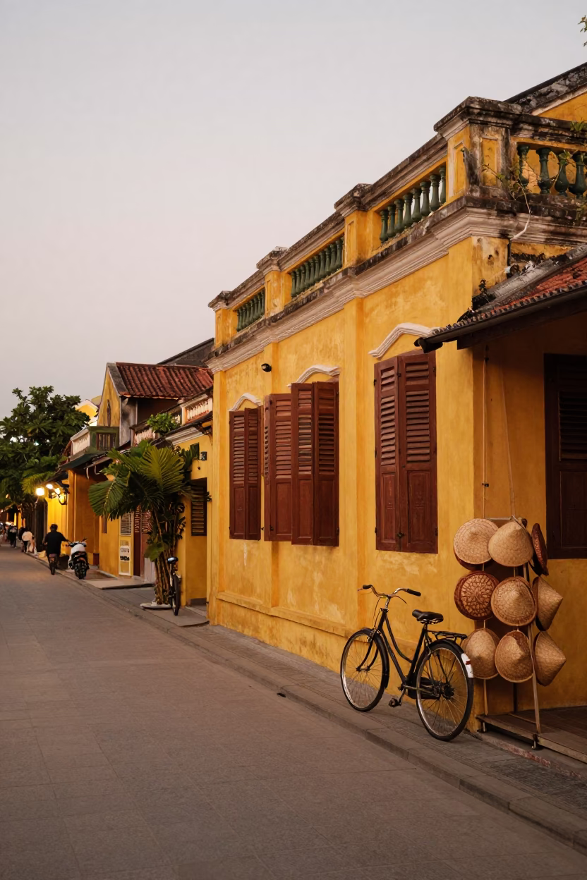 Hoi An Vietnam Evening Street Scene with Yellow Shuttered Buildings and Lanterns in in Hoi An, Vietnam