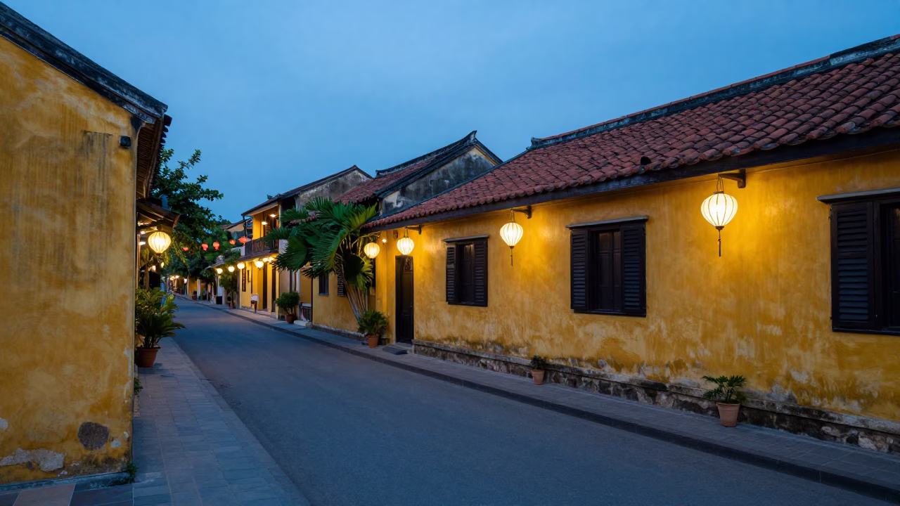 Hoi An Vietnam Evening Street Scene with Yellow Walls and Lanterns in in Hoi An, Vietnam