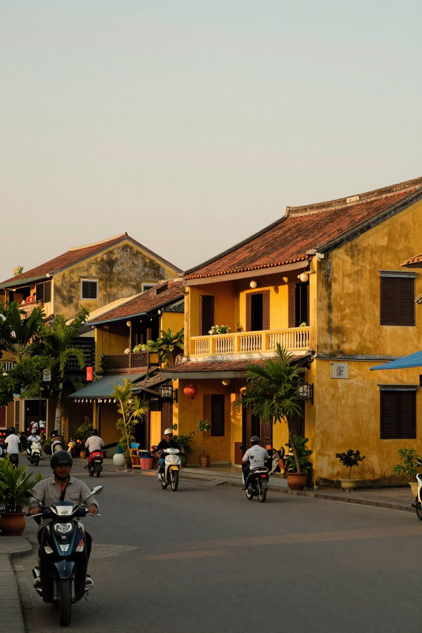 Hoi An Vietnam Evening Street Scene with Yellow Walls and Traditional Lanterns in in Hoi An, Vietnam