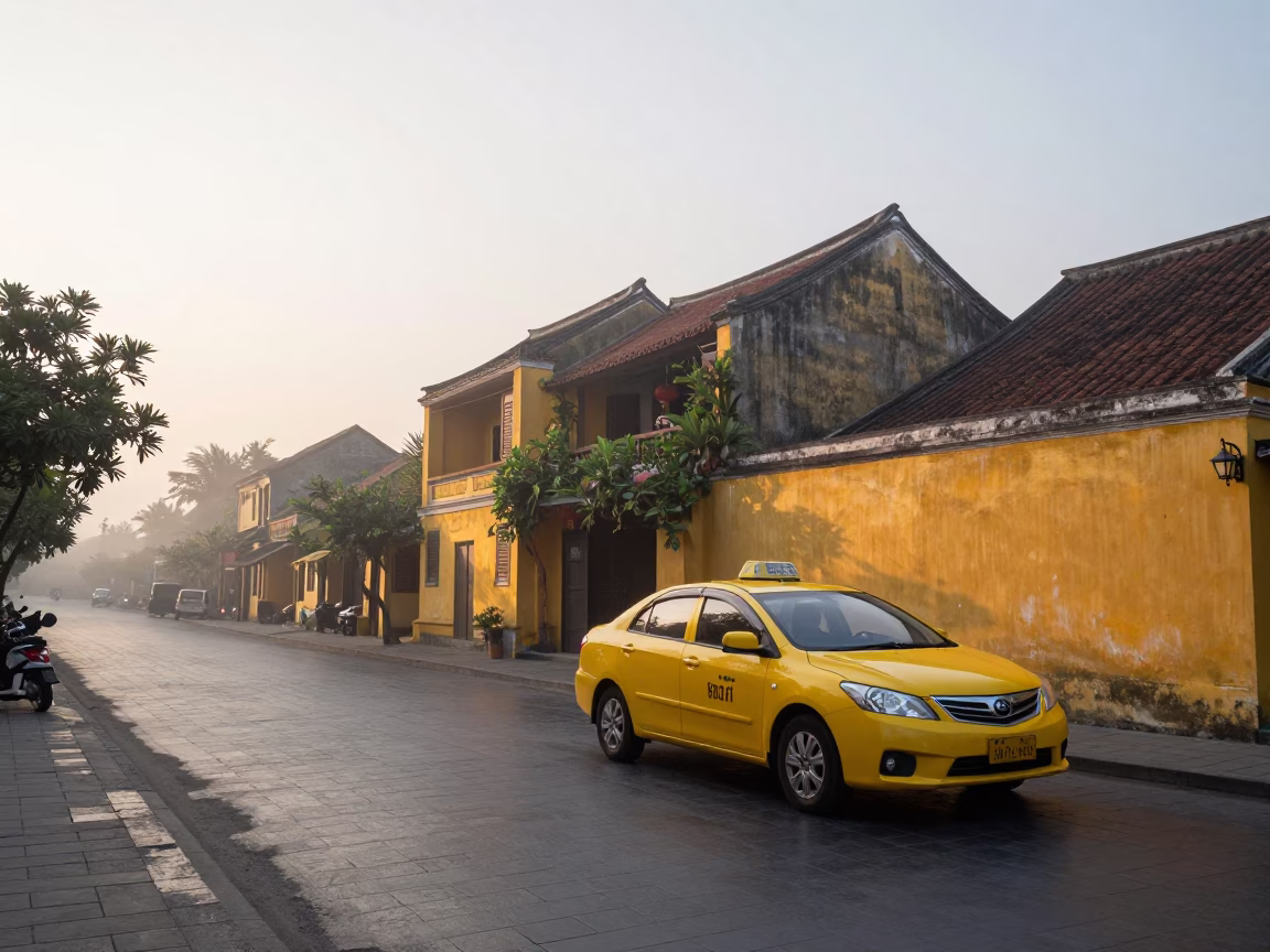 Hoi An Vietnam First Light Dawn Street Scene with Yellow Taxi and Peonies in in Hoi An, Vietnam