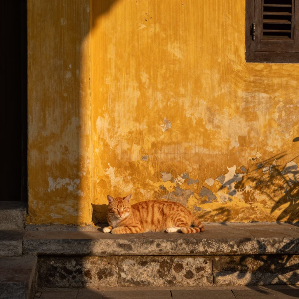 Hoi An Vietnam Ginger Cat Sunbathing on Ancient Yellow Wall During Golden Hour in in Hoi An, Vietnam