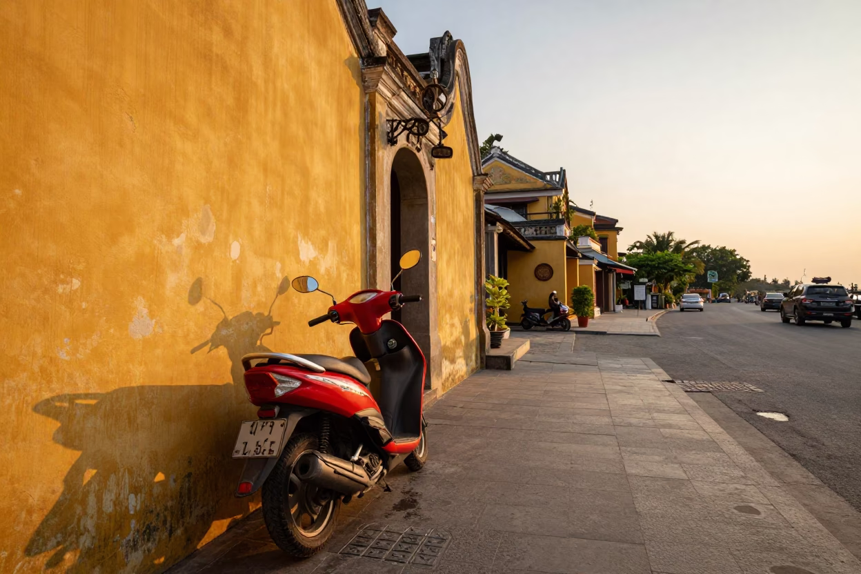 Hoi An Vietnam Golden Hour Scooter Parked Harbor Promenade Sunset Street Scene in in Hoi An, Vietnam