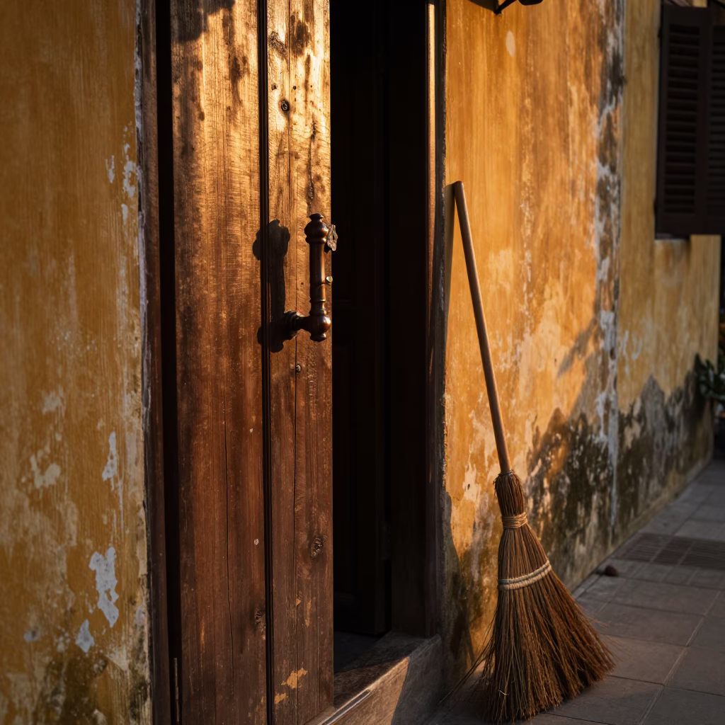 Hoi An Vietnam Golden Hour Street Scene with Broom and Gate Handle in in Hoi An, Vietnam