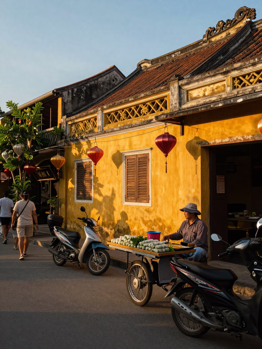 Hoi An Vietnam Golden Hour Street Scene with Lanterns and Motorbikes in in Hoi An, Vietnam