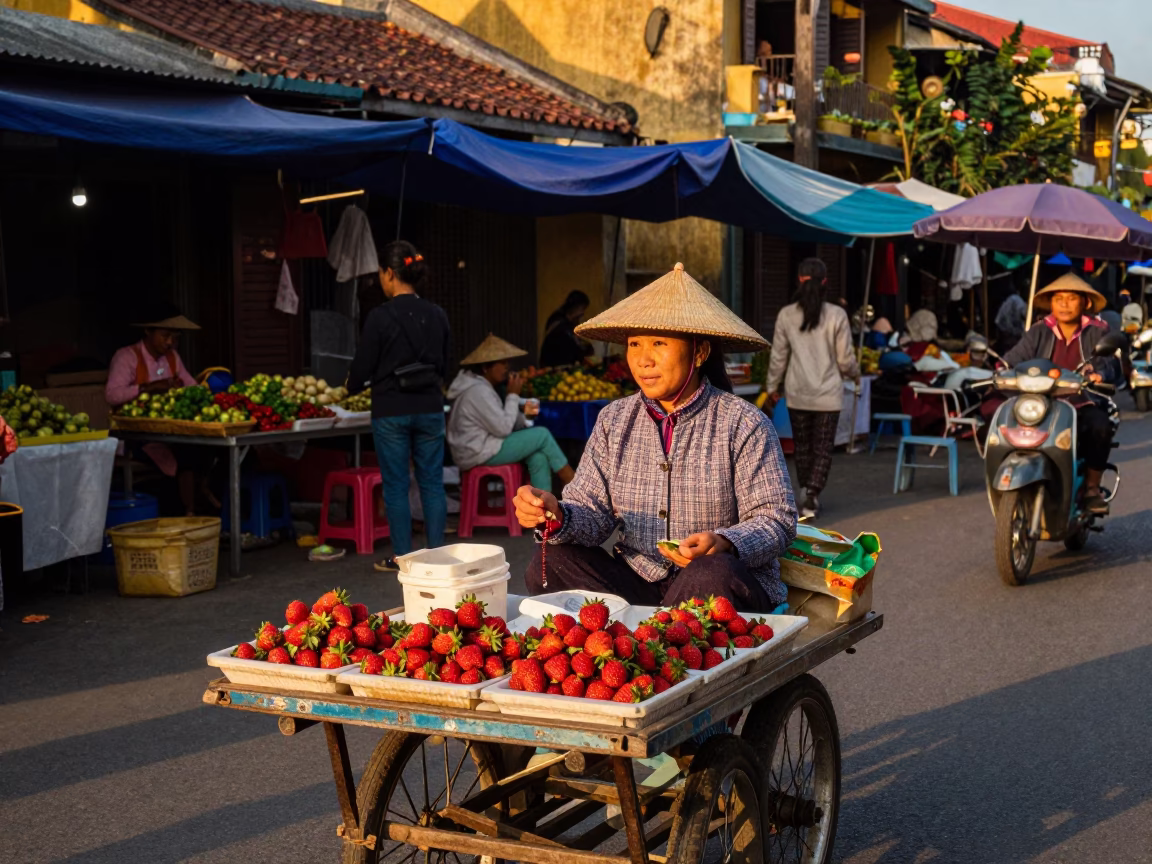 Hoi An Vietnam Golden Hour Street Scene with Local Market Vendor in in Hoi An, Vietnam