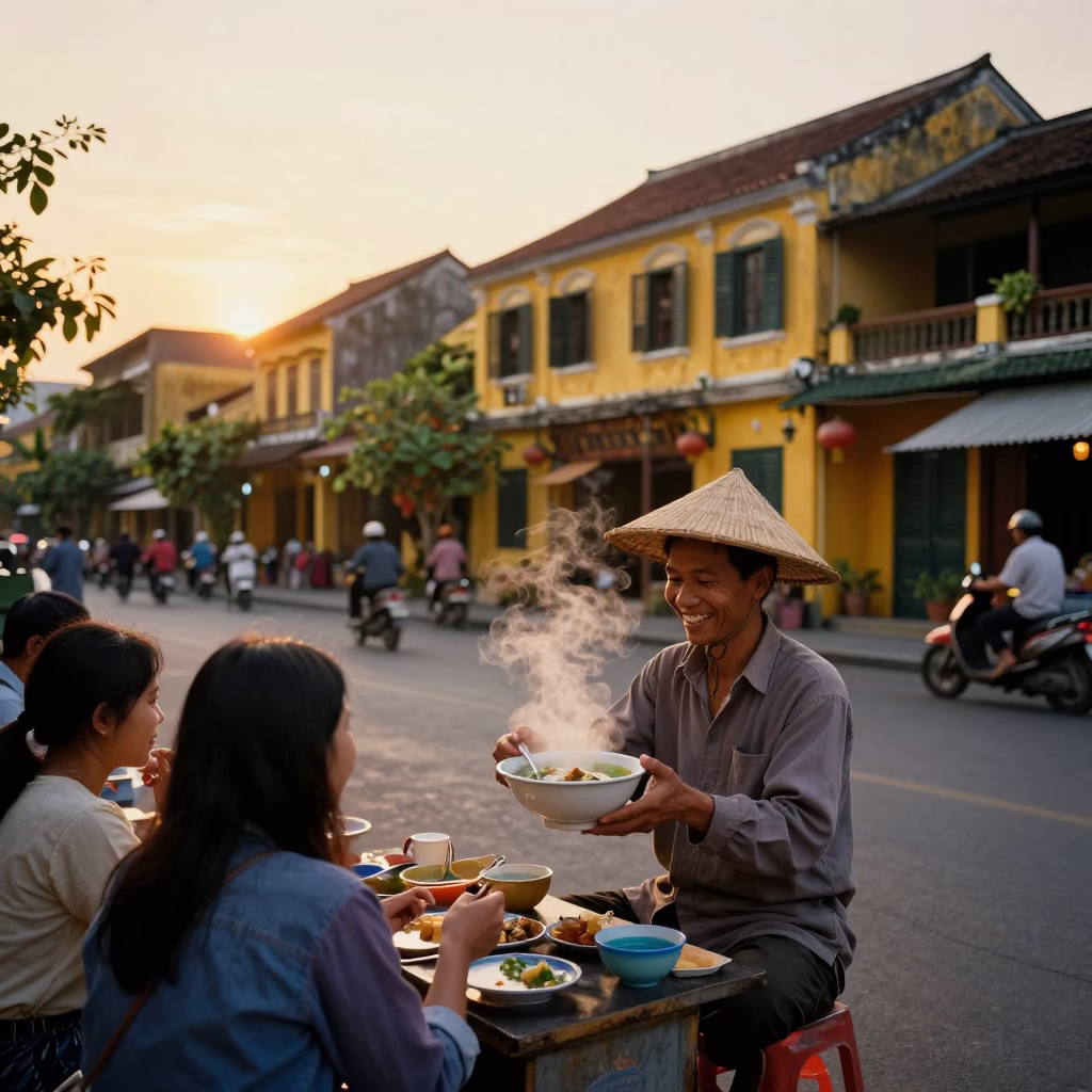 Hoi An Vietnam Golden Hour Street Scene with Local Vendor and Customers in in Hoi An, Vietnam