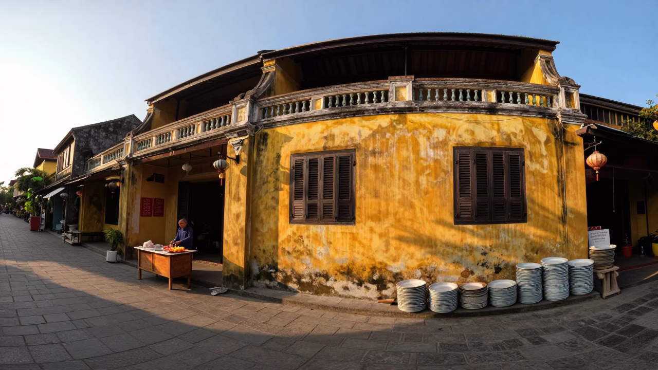 Hoi An Vietnam Golden Hour Street Scene with Stacked Plates and Latch Details in in Hoi An, Vietnam