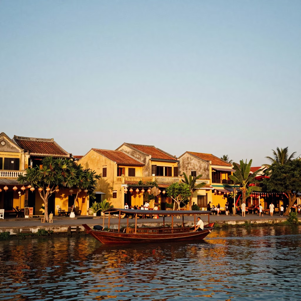 Hoi An Vietnam Honeyed Evening Light Street Scene with Lanterns and River Reflections in in Hoi An, Vietnam