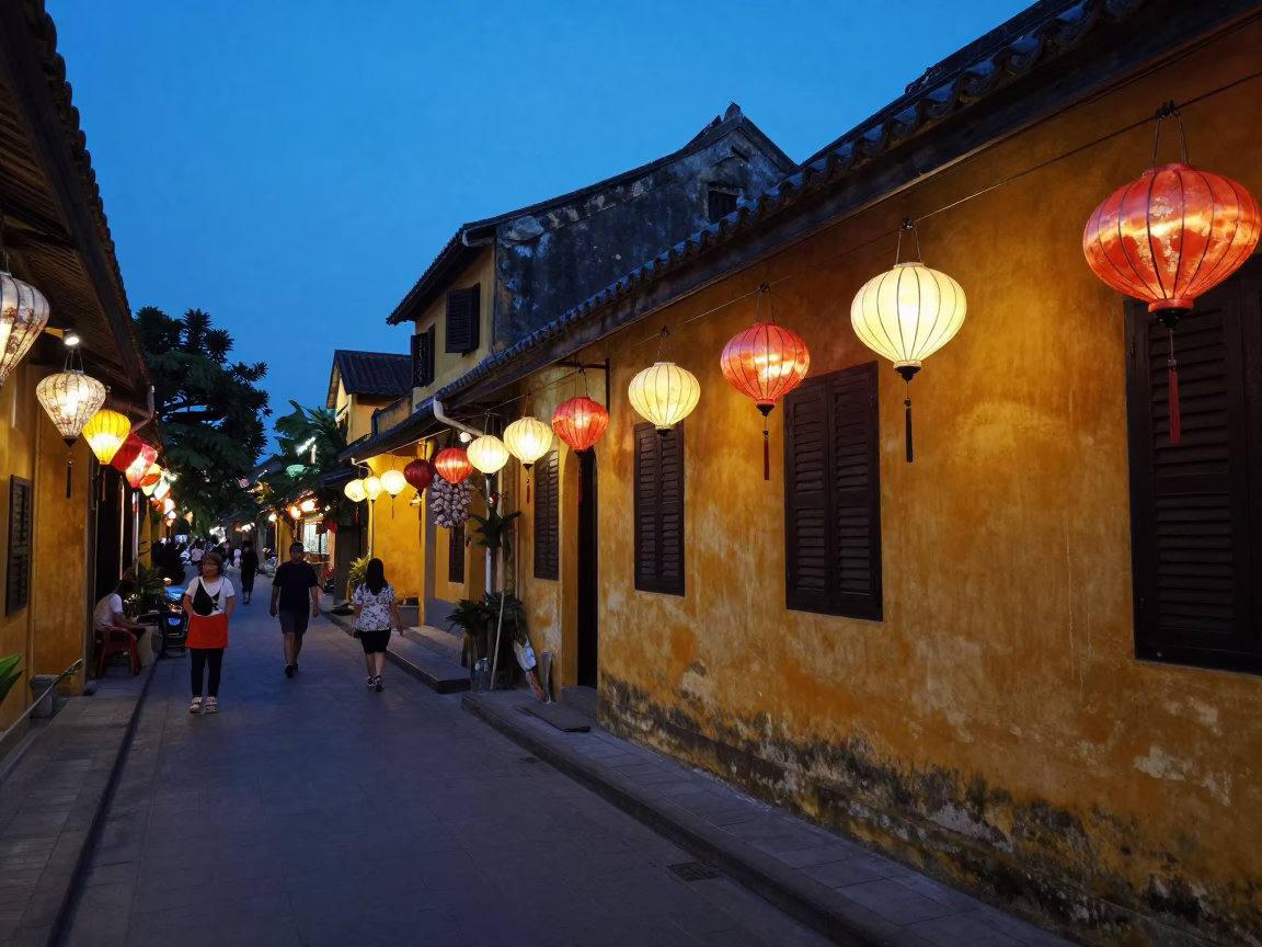 Hoi An Vietnam Indigo Twilight Street Scene with Lanterns and Garlic Bulbs in in Hoi An, Vietnam