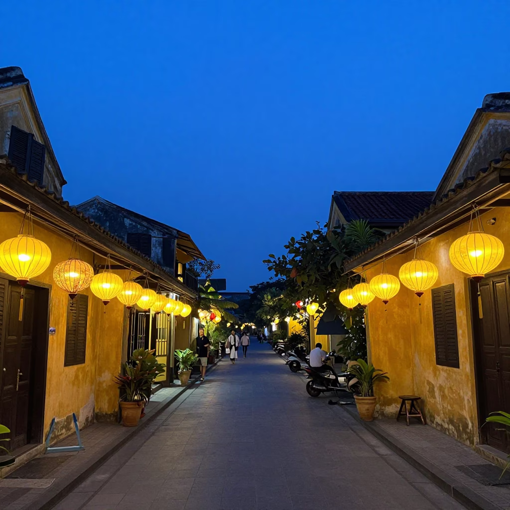 Hoi An Vietnam indigo twilight street scene with lanterns and local life in in Hoi An, Vietnam