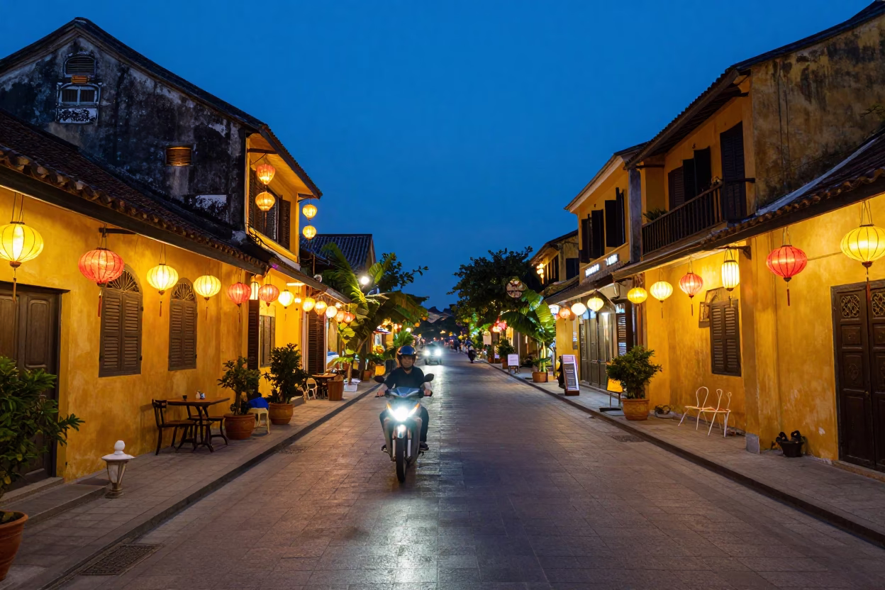 Hoi An Vietnam Indigo Twilight Street Scene with Lanterns and Traffic in in Hoi An, Vietnam