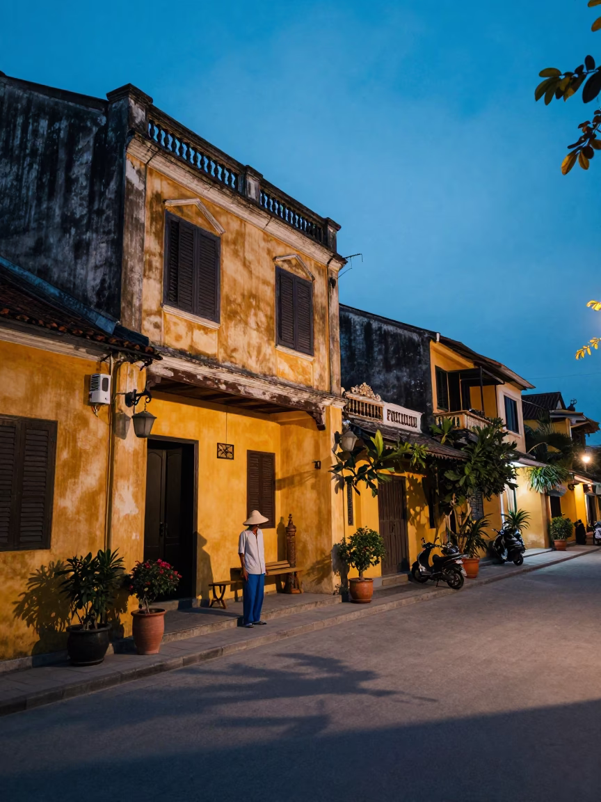 Hoi An Vietnam Indigo Twilight Street Scene with Sun Hats and Lanterns in in Hoi An, Vietnam