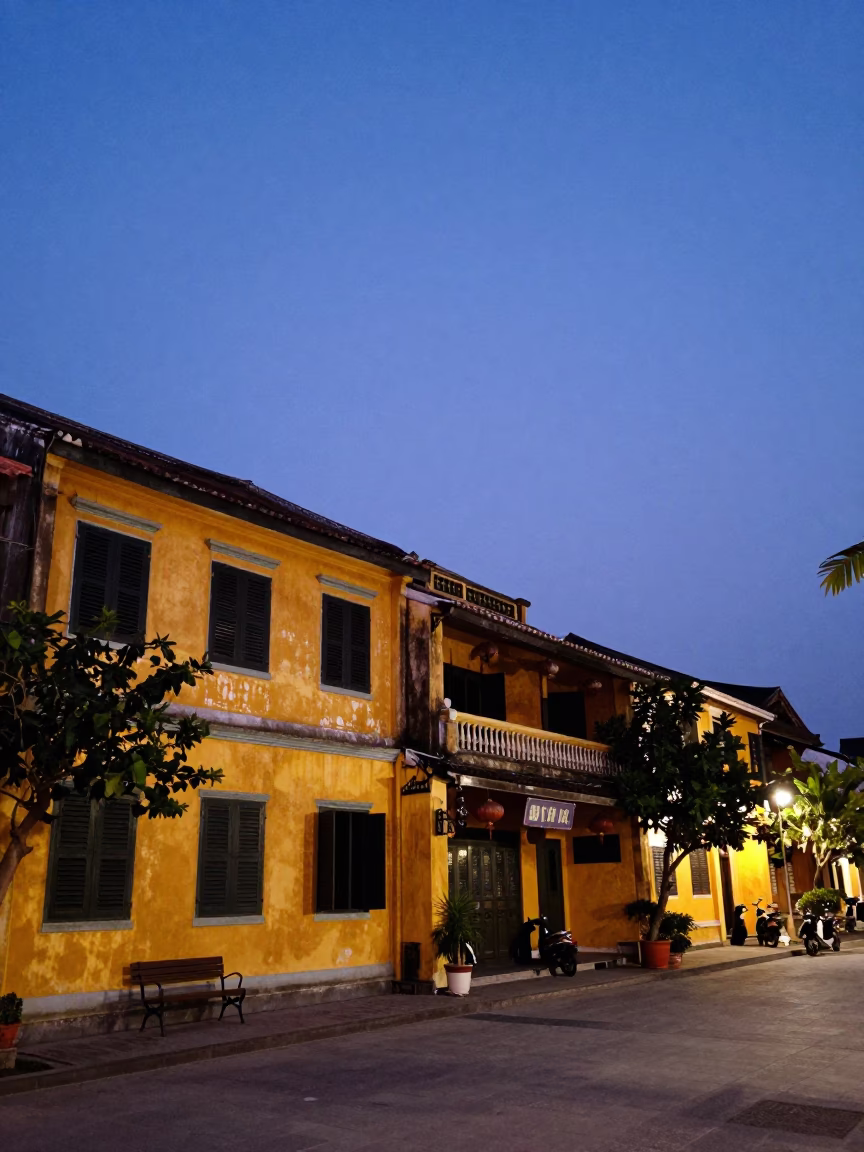 Hoi An Vietnam Indigo Twilight Street Scene with Yellow Facades and Lanterns in in Hoi An, Vietnam