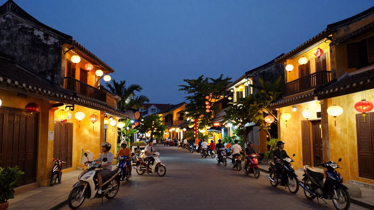Hoi An Vietnam Lantern Festival Evening Street Scene with Motorcycles in in Hoi An, Vietnam