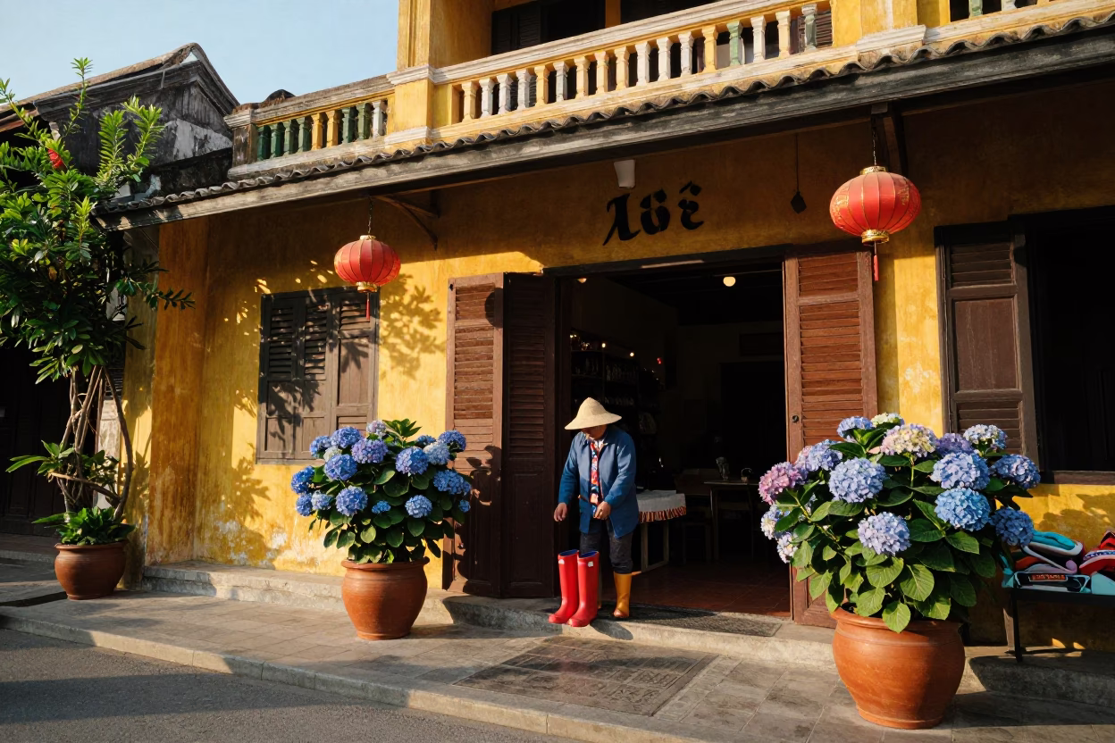 Hoi An Vietnam Late Afternoon Clay Pot Hydrangeas Rain Boots in in Hoi An, Vietnam