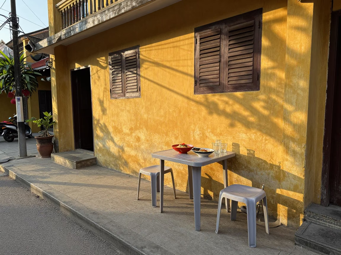 Hoi An Vietnam Late Afternoon Street Scene with Laksa and Glassware in in Hoi An, Vietnam