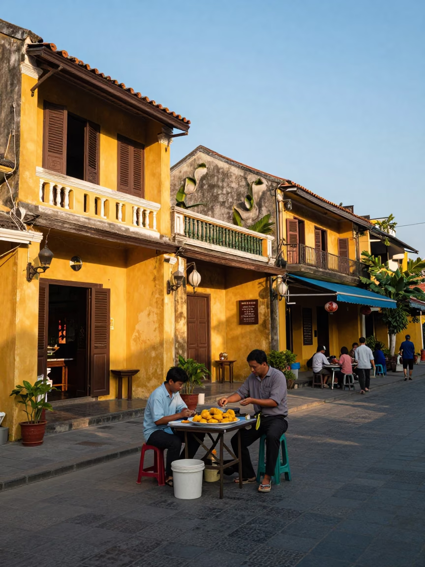 Hoi An Vietnam Late Afternoon Street Scene with Local Dining and Yellow Architecture in in Hoi An, Vietnam