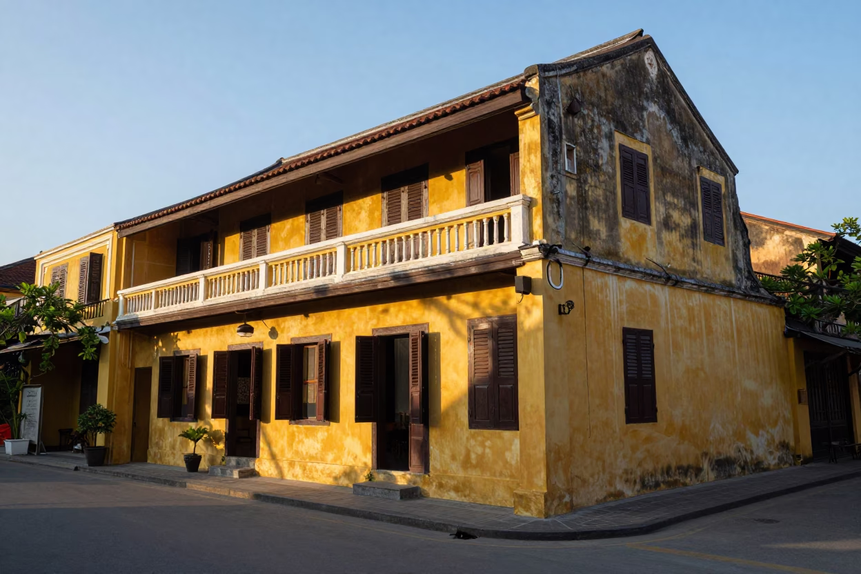 Hoi An Vietnam Late Afternoon Street Scene with Wooden Shutters and Canal in in Hoi An, Vietnam