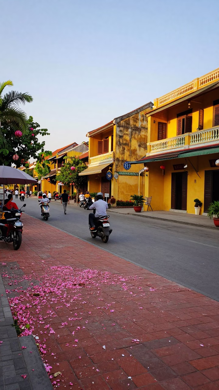 Hoi An Vietnam Late Afternoon Street Scene with Yellow Buildings and Fallen Petals in in Hoi An, Vietnam