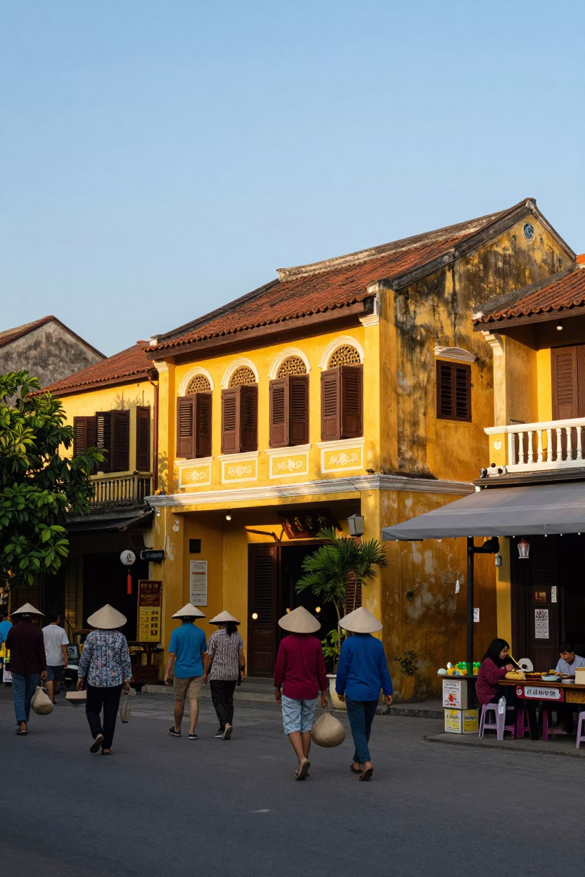 Hoi An Vietnam Late Afternoon Street Scene with Yellow Buildings and Traditional Market Activity in in Hoi An, Vietnam