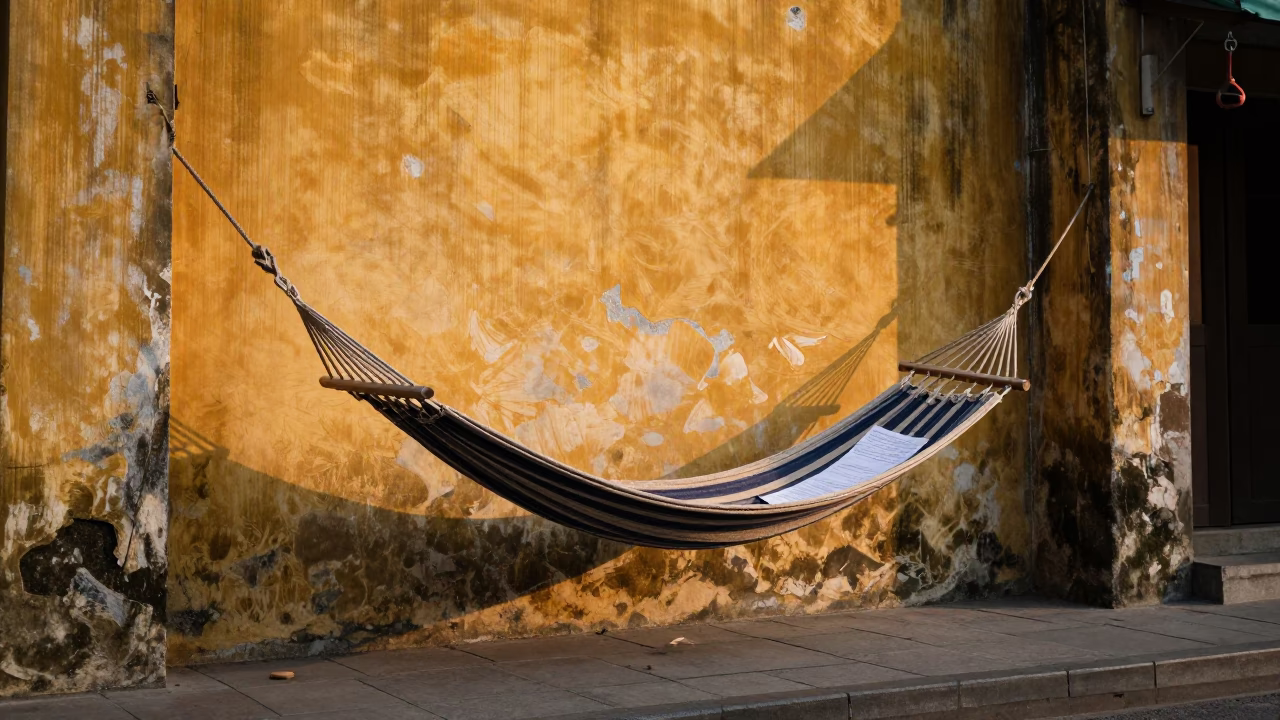Hoi An Vietnam Late Morning Street Scene with Hammock and Paper Fan in in Hoi An, Vietnam