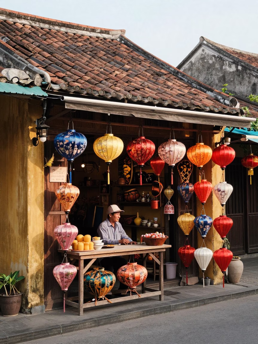 Hoi An Vietnam Late Morning Street Scene with Local Shopkeeper and Traditional Lanterns in in Hoi An, Vietnam