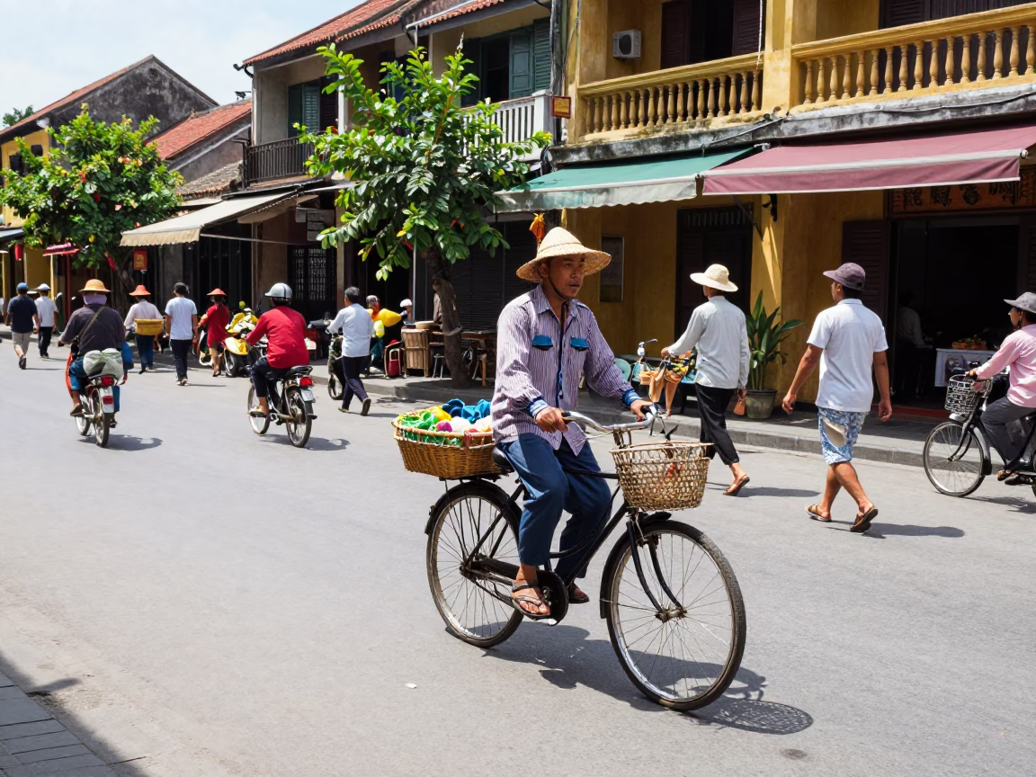 Hoi An Vietnam Midday Street Scene with Bicycle Basket and Local Life in in Hoi An, Vietnam