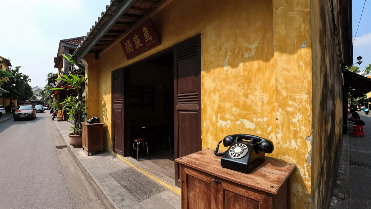 Hoi An Vietnam Midday Street Scene with Vintage Telephone and Local Market Activity in in Hoi An, Vietnam