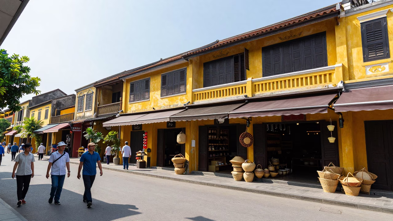 Hoi An Vietnam Midday Street Scene with Yellow Facades and Local Commerce in in Hoi An, Vietnam