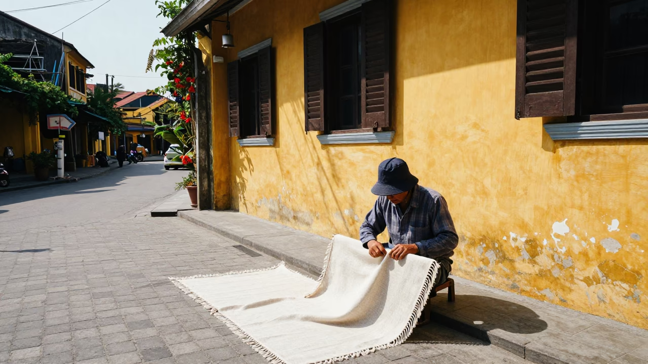 Hoi An Vietnam Midmorning Street Scene with Linen Fringe and Construction Activity in in Hoi An, Vietnam