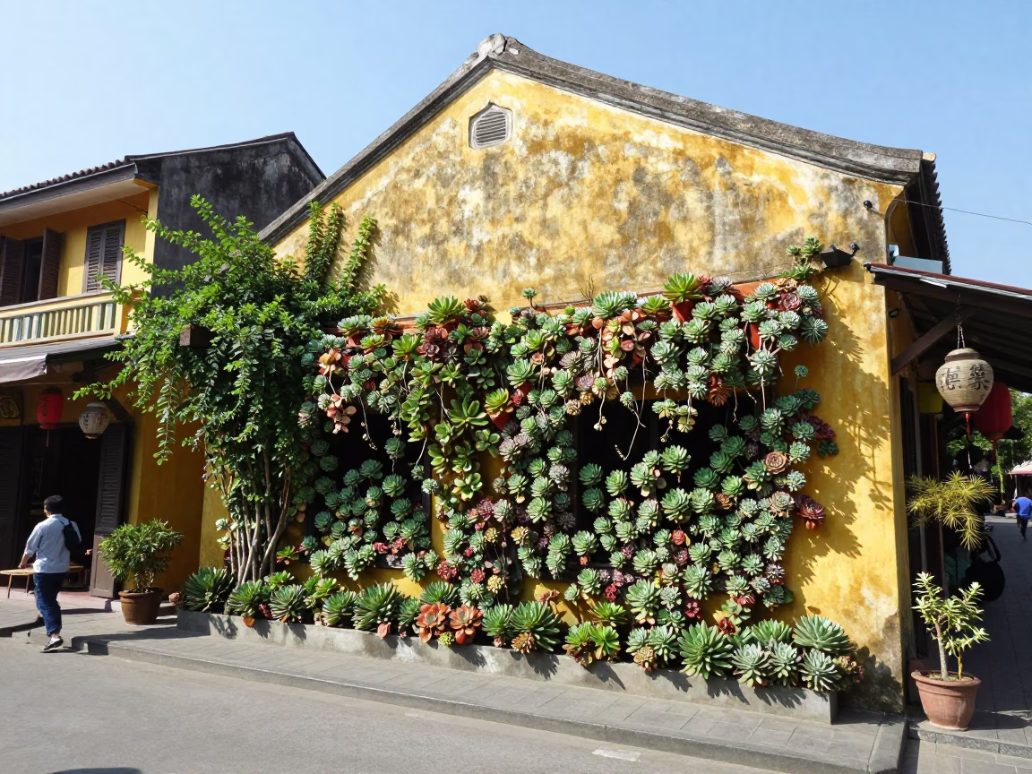 Hoi An Vietnam Midmorning Street Scene with Local Cafe Succulent Wall and Spindle Chair in in Hoi An, Vietnam