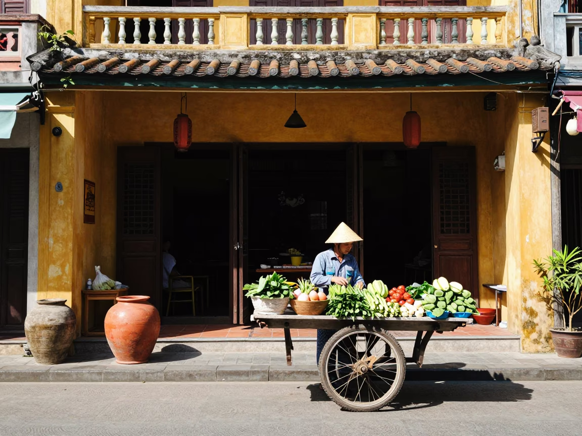 Hoi An Vietnam Midmorning Street Scene with Terracotta Pot and Local Vendor in in Hoi An, Vietnam