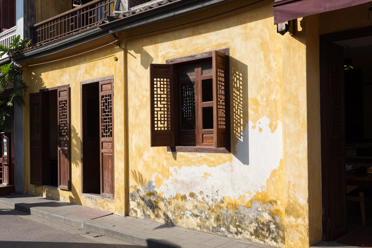 Hoi An Vietnam Midmorning Street Scene with Wicker Shadow on Window Glass in in Hoi An, Vietnam