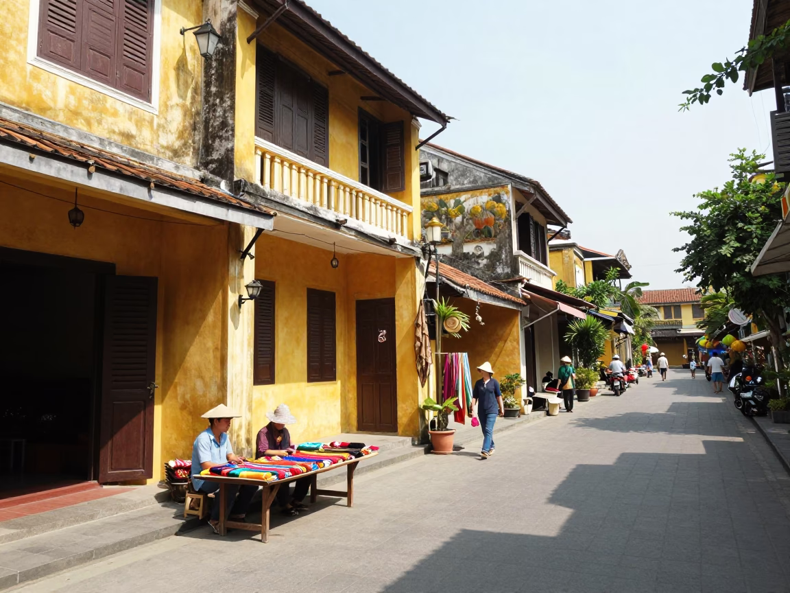 Hoi An Vietnam Midmorning Street Scene with Yellow Facades and Traditional Lanterns in in Hoi An, Vietnam