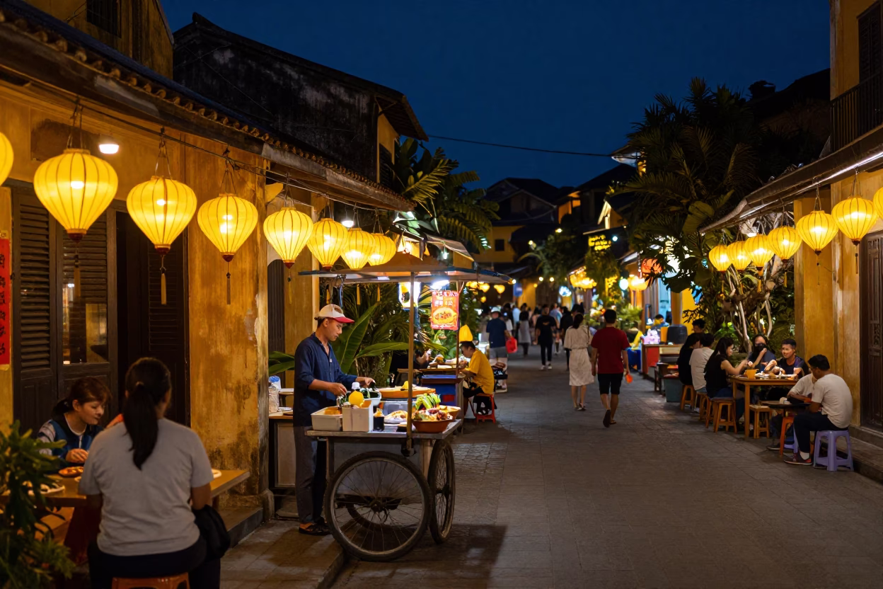 Hoi An Vietnam Midnight Street Scene with Lanterns and Local Dining in in Hoi An, Vietnam