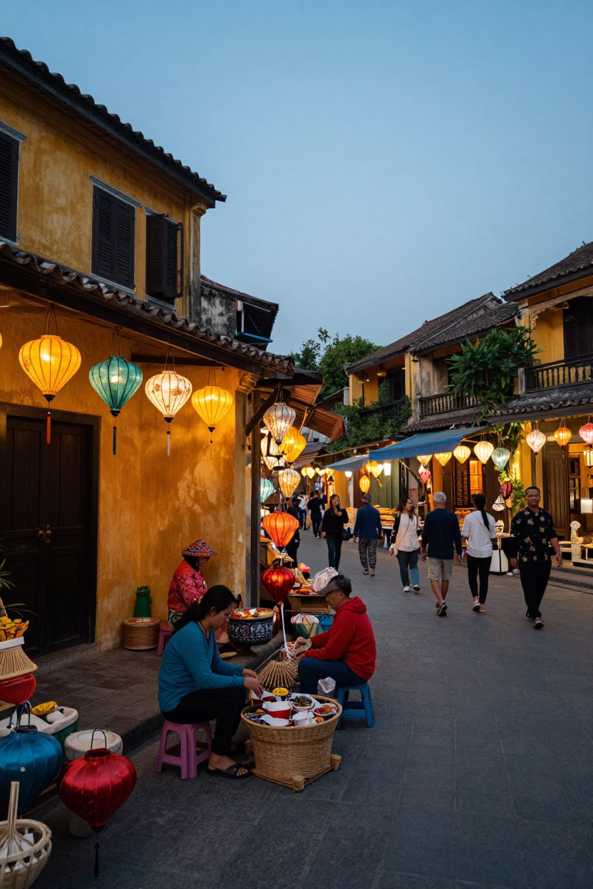 Hoi An Vietnam Morning Market Activity Before Sunrise with Traditional Lanterns and River Views in in Hoi An, Vietnam