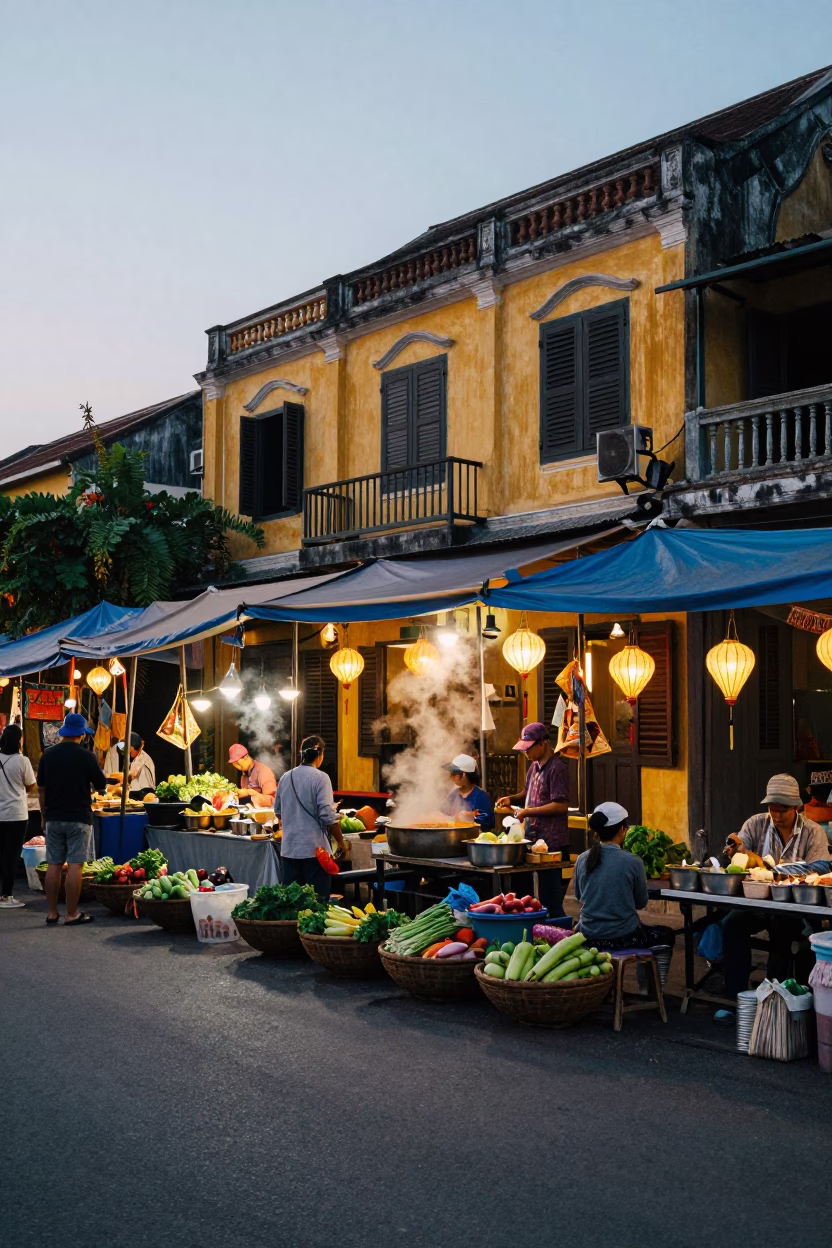 Hoi An Vietnam Morning Market Street Scene Before Sunrise in in Hoi An, Vietnam