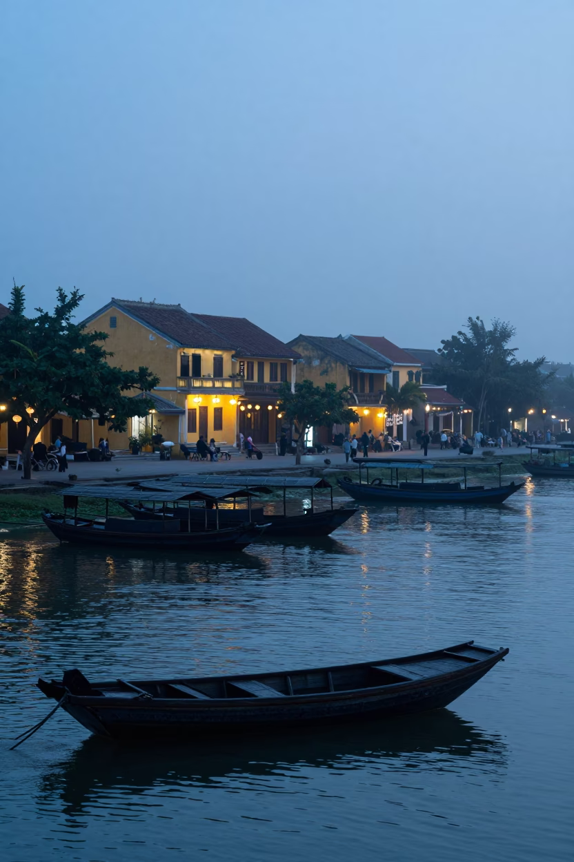 Hoi An Vietnam Morning Mist Ancient Town Yellow Buildings Lanterns River in in Hoi An, Vietnam