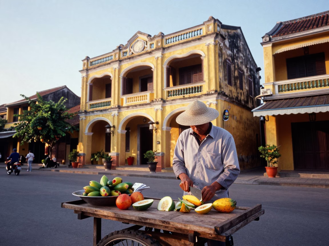 Hoi An Vietnam Morning Street Scene with Fruit Knife and Traditional Architecture at Dawn in in Hoi An, Vietnam