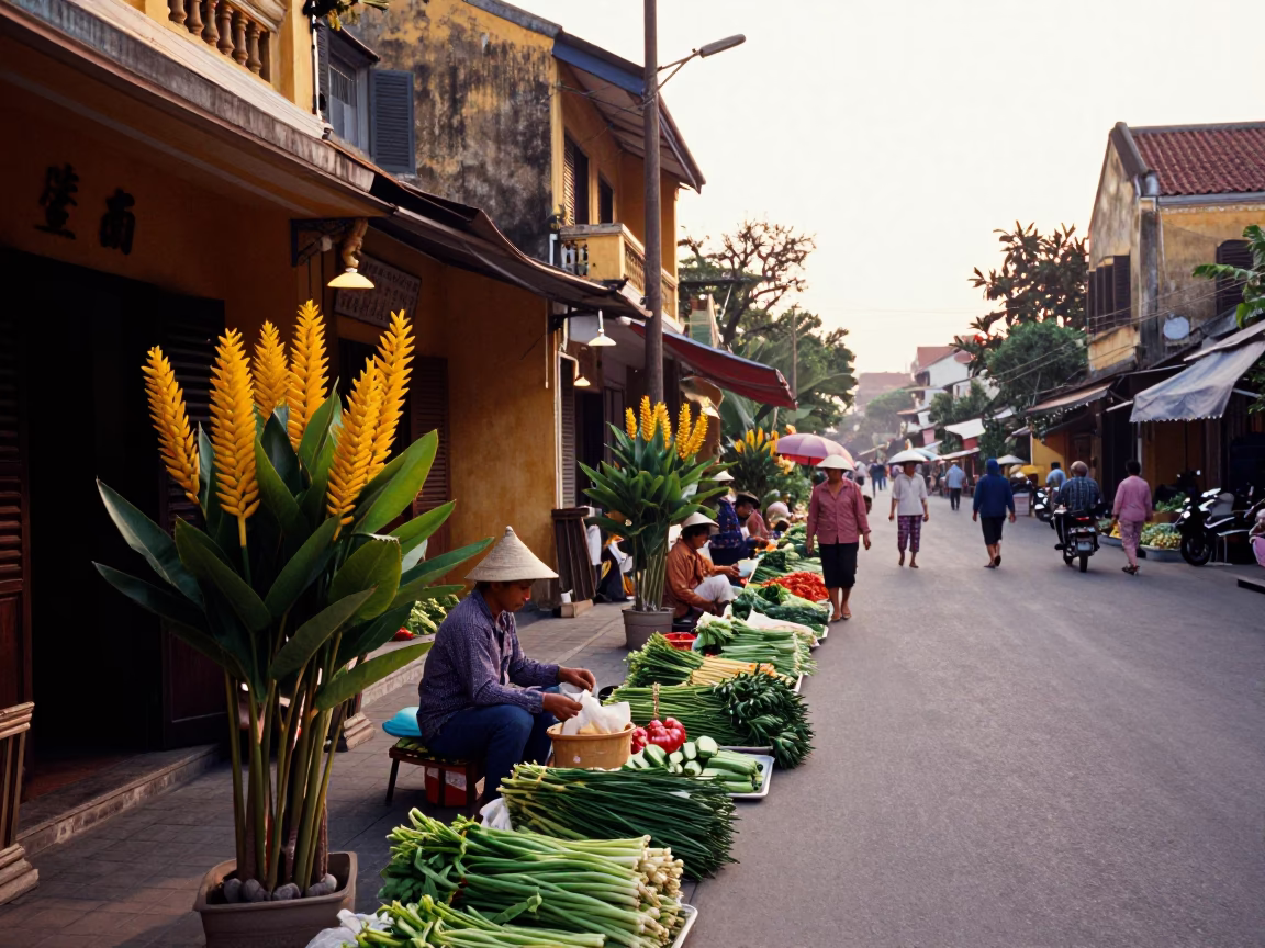 Hoi An Vietnam Morning Street Scene with Heliconia Flowers and Local Market Activity in in Hoi An, Vietnam