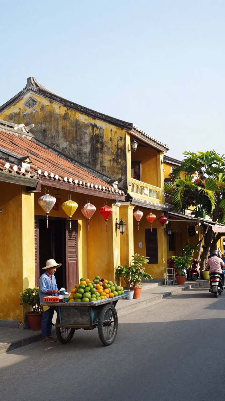 Hoi An Vietnam Morning Street Scene with Lanterns and Local Life in in Hoi An, Vietnam
