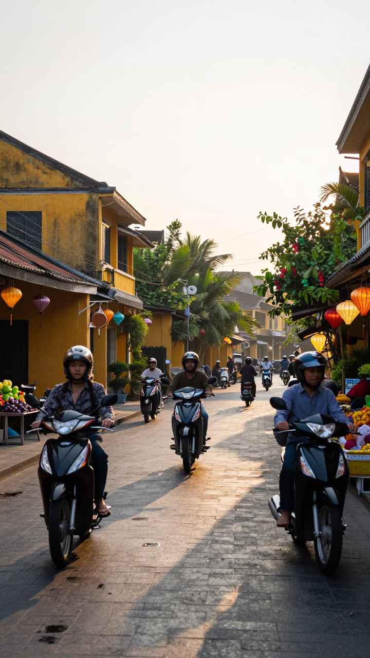 Hoi An Vietnam Morning Street Scene with Motorbikes and Lanterns in in Hoi An, Vietnam