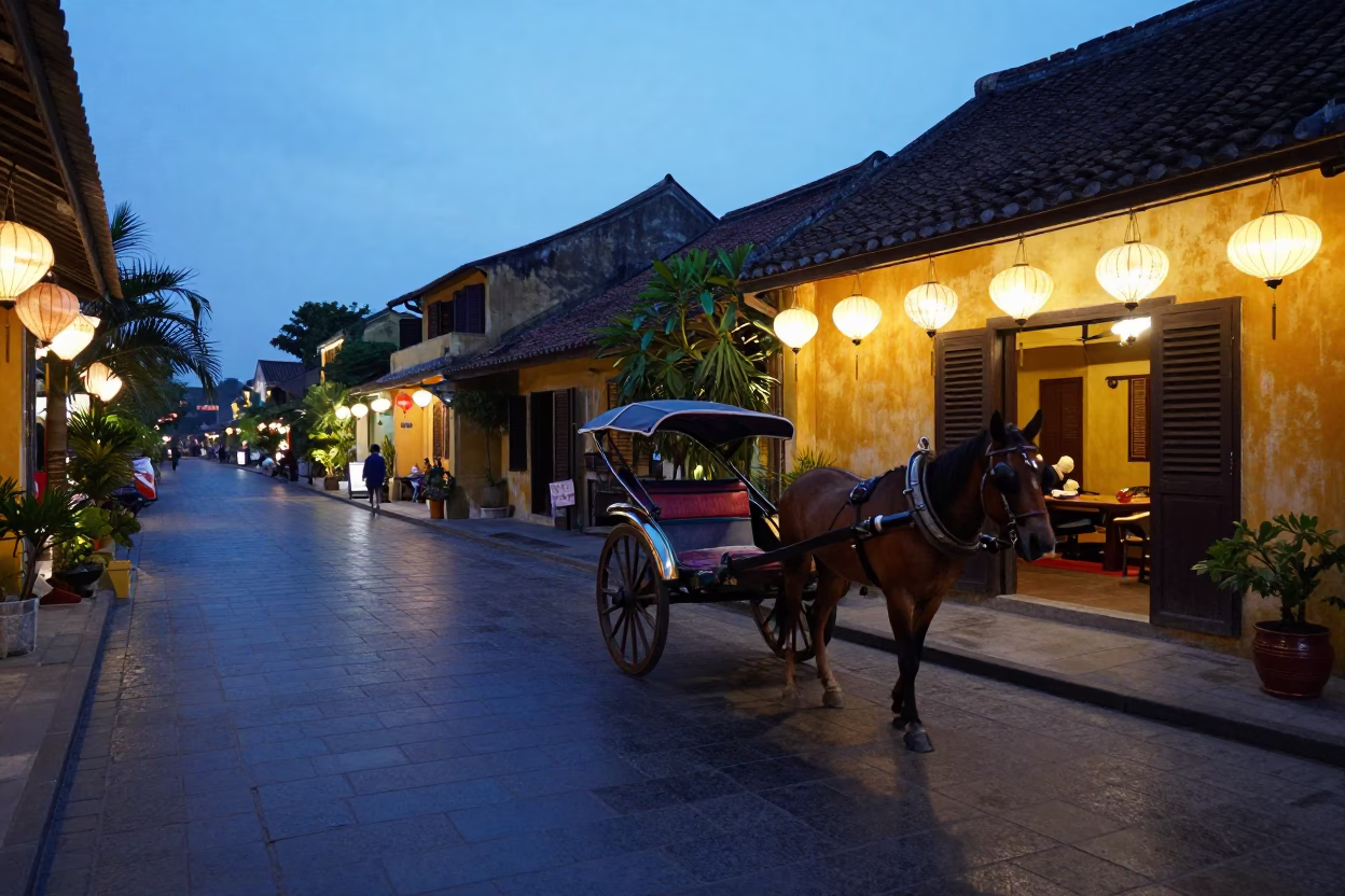 Hoi An Vietnam Morning Street Scene with Paper Lanterns and Vintage Cart Before Sunrise in in Hoi An, Vietnam