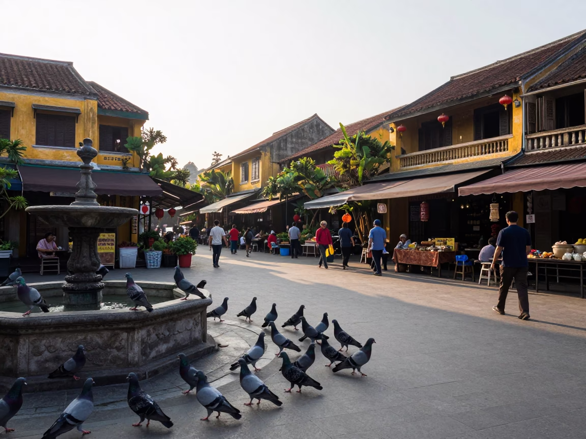 Hoi An Vietnam Morning Street Scene with Pigeons and Traditional Architecture in in Hoi An, Vietnam