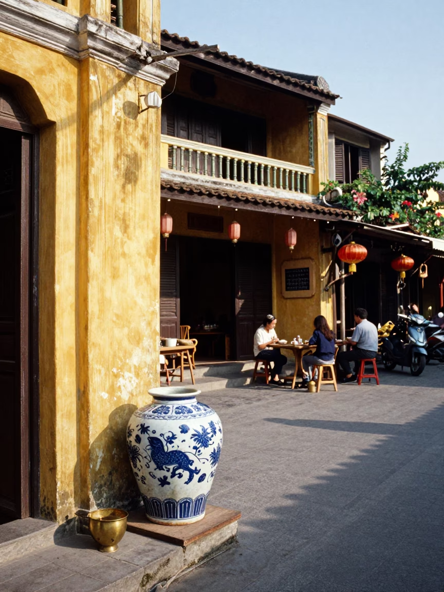 Hoi An Vietnam Morning Street Scene with Porcelain Jar and Brass Hardware in in Hoi An, Vietnam