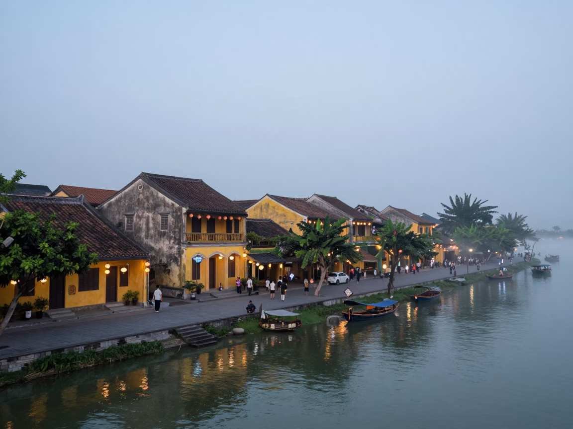 Hoi An Vietnam Nautical Dawn Ancient Town Lanterns and Morning Mist in in Hoi An, Vietnam