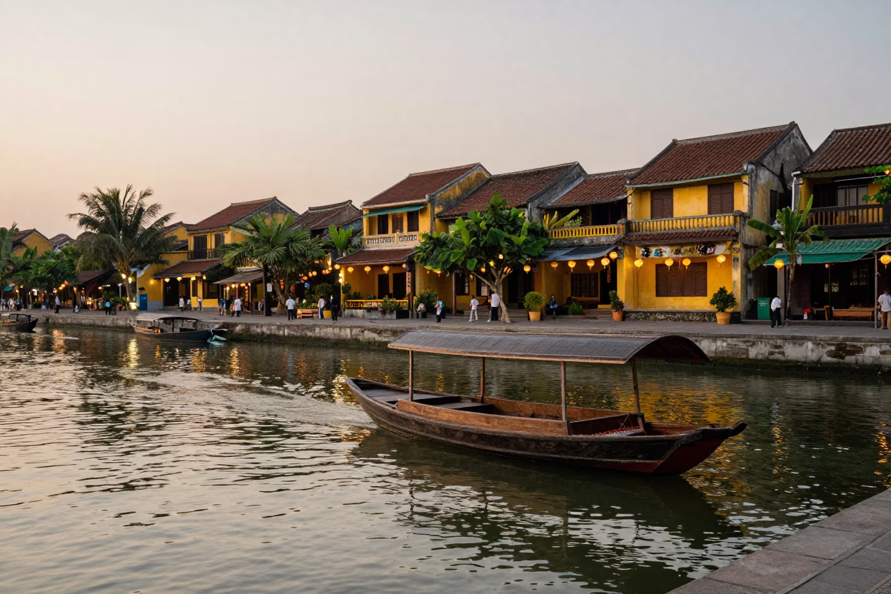 Hoi An Vietnam Nautical Dawn Ancient Town River View and Lanterns in in Hoi An, Vietnam