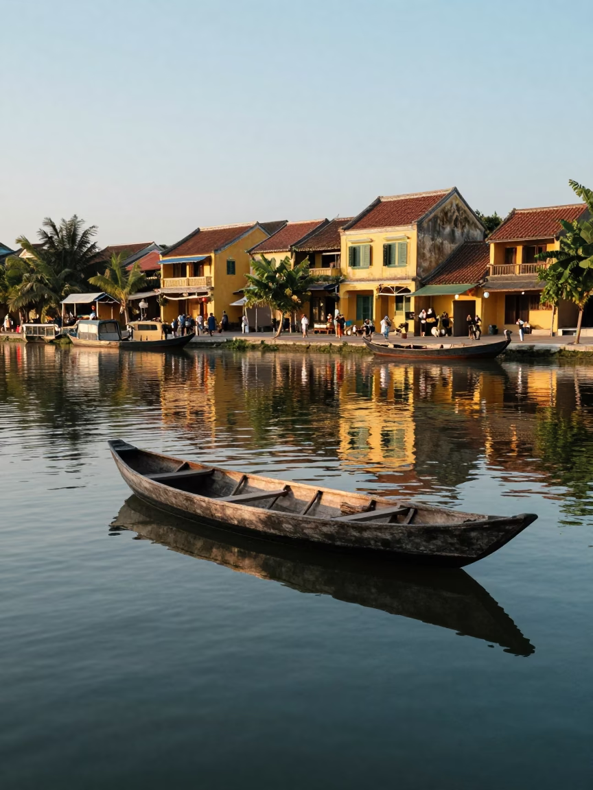 Hoi An Vietnam Nautical Dawn Canoe Reflection Yellow Shophouses Ancient Town in in Hoi An, Vietnam