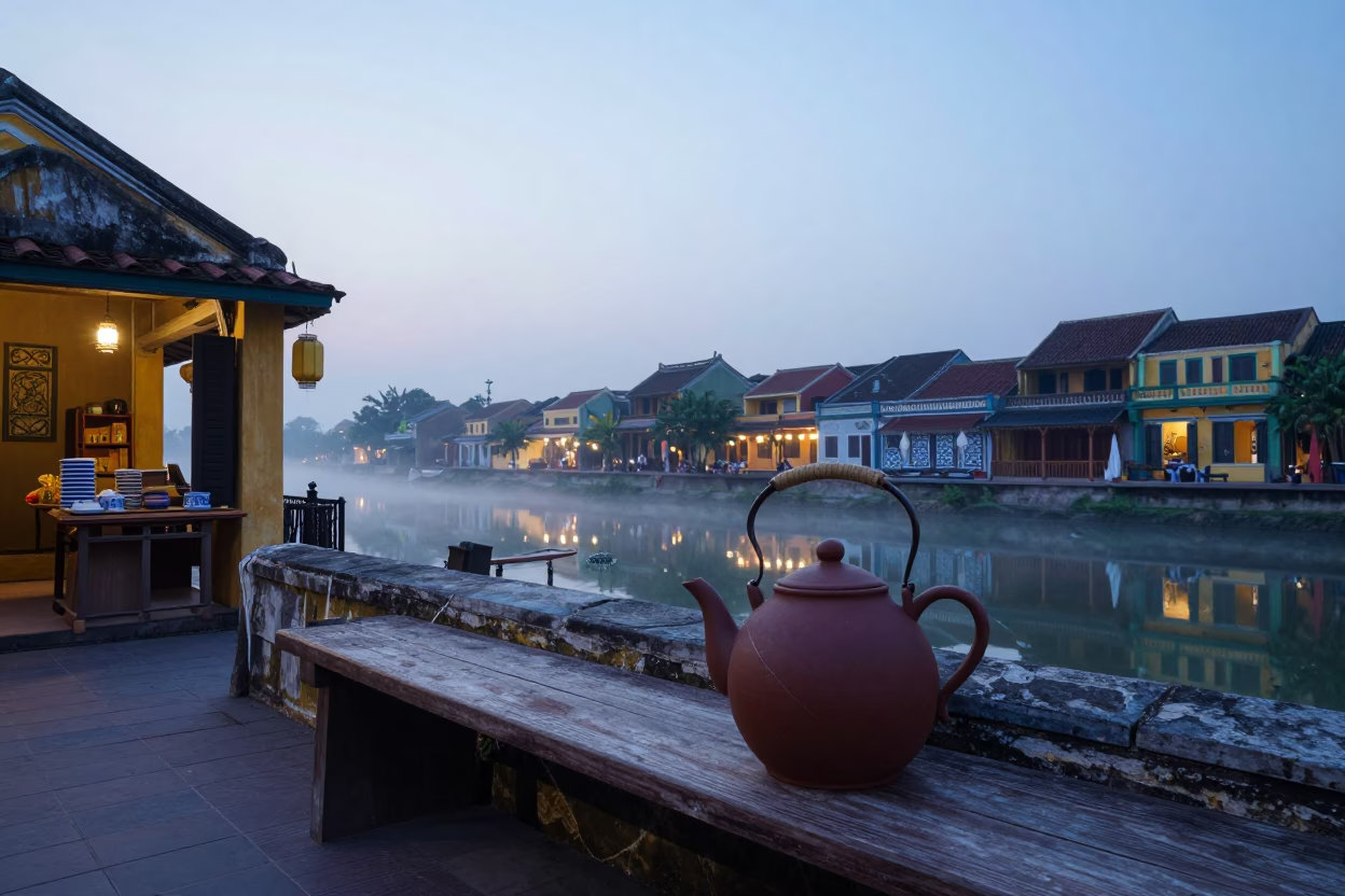 Hoi An Vietnam Nautical Dawn Clay Teapot and Ceramic Tiles on Wooden Bench in in Hoi An, Vietnam